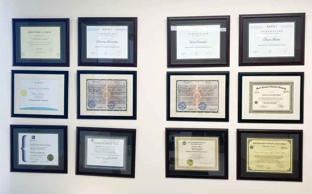VS MedSpa Aesthetician team certificates and diplomas